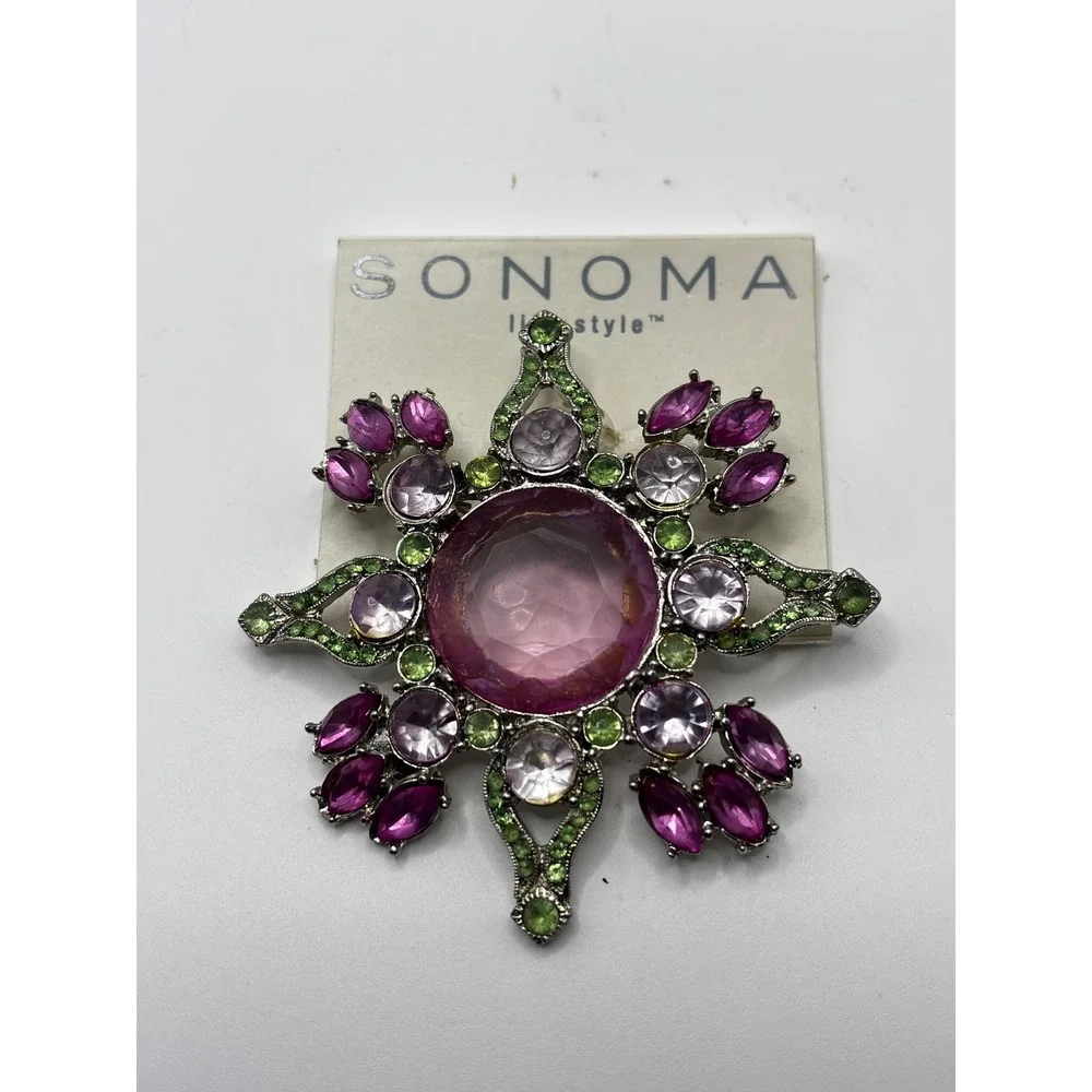 Sonoma Purple‎ Green Rhinestone Starburst Brooch Silver Tone Statement Pin